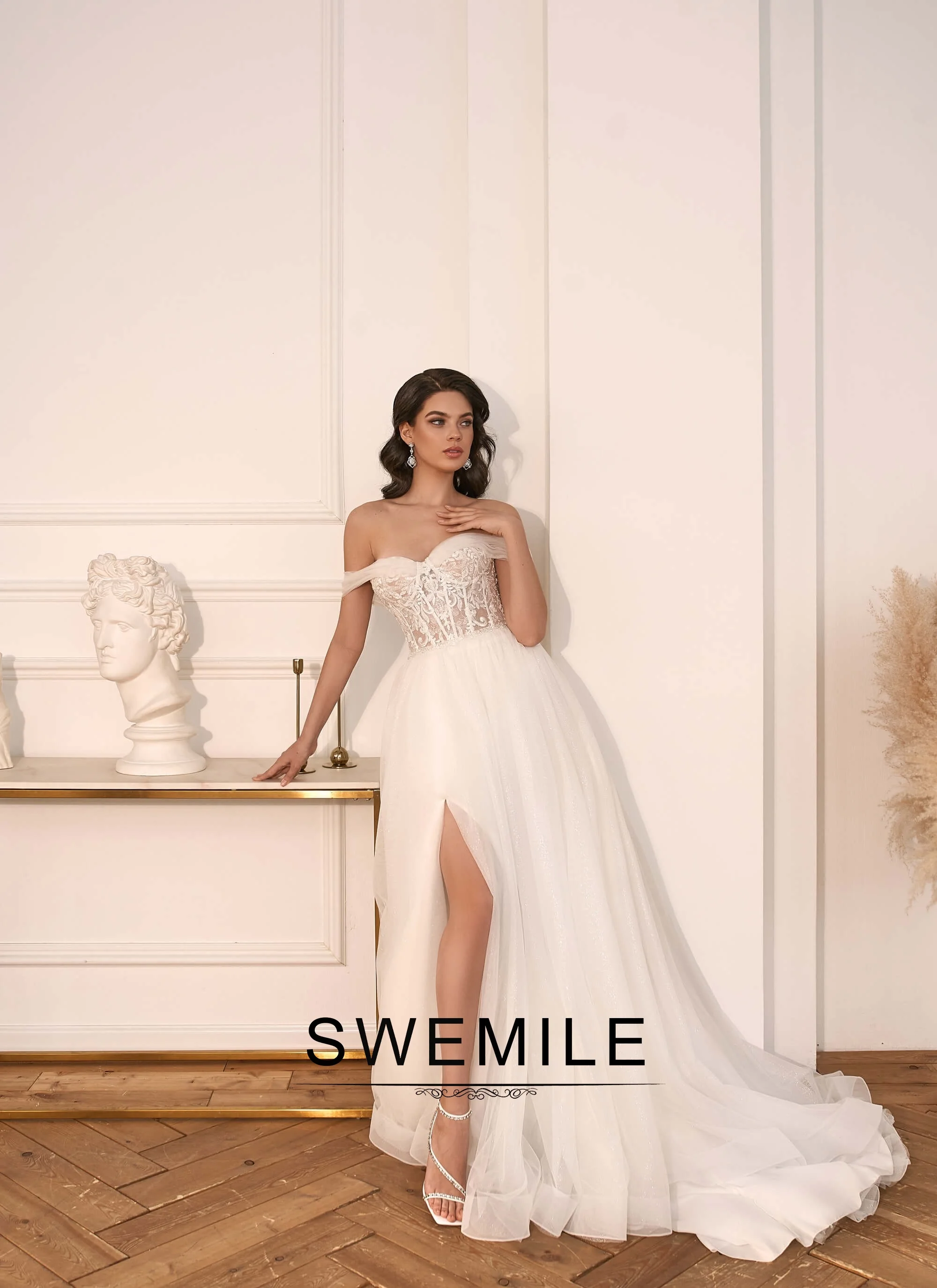 SWEMILE Fancy Slit 2026 Wedding Dresses A-line Off the Shoulder Bridal Gown Appliques Vestidos De Novia Plus Size Customized