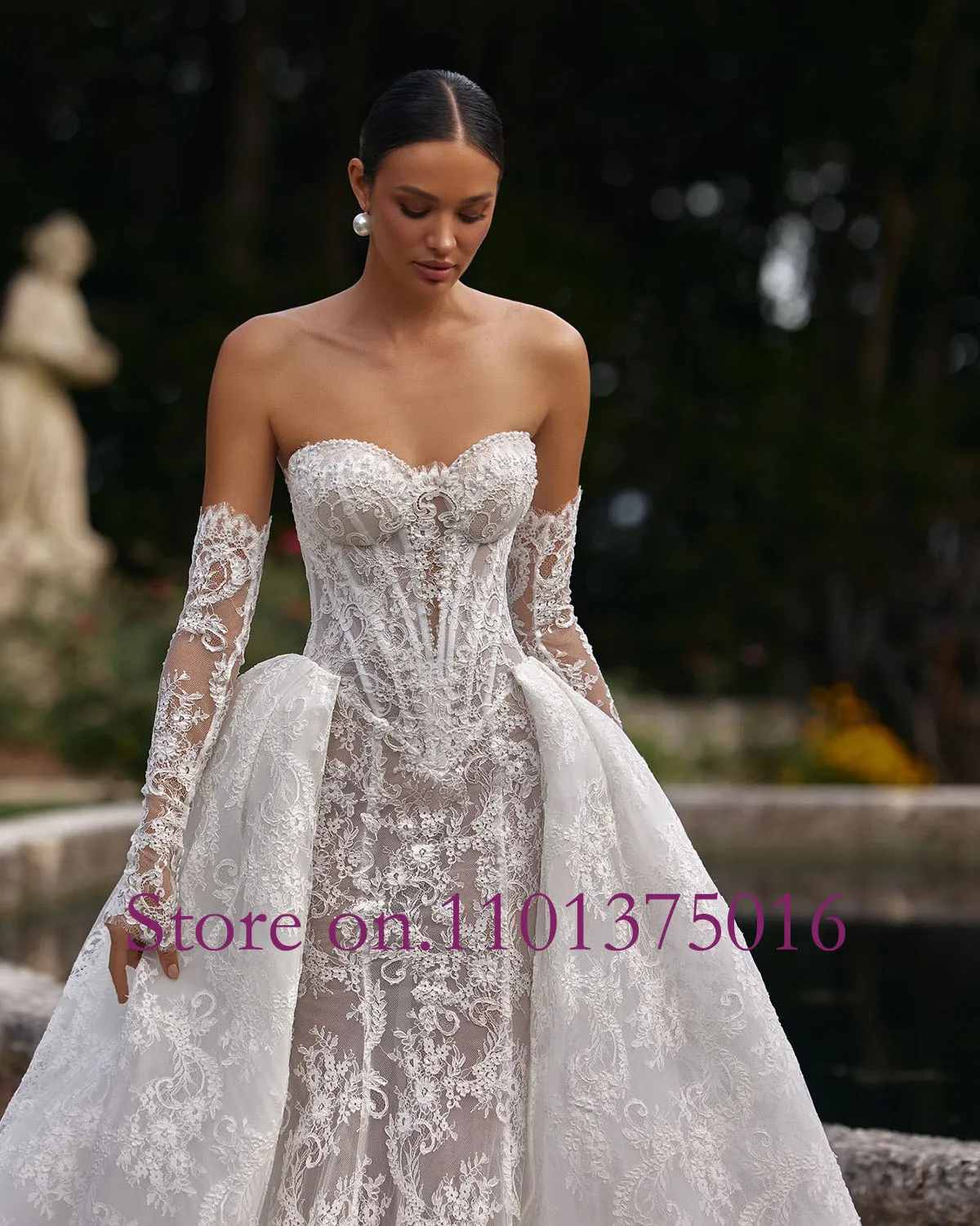 Pearls Sweetheart Neck Detachable Long Sleeve 2 Pieces High Quality Lace Mermaid Wedding Dress Elegant Vestido De Noiva Sereia