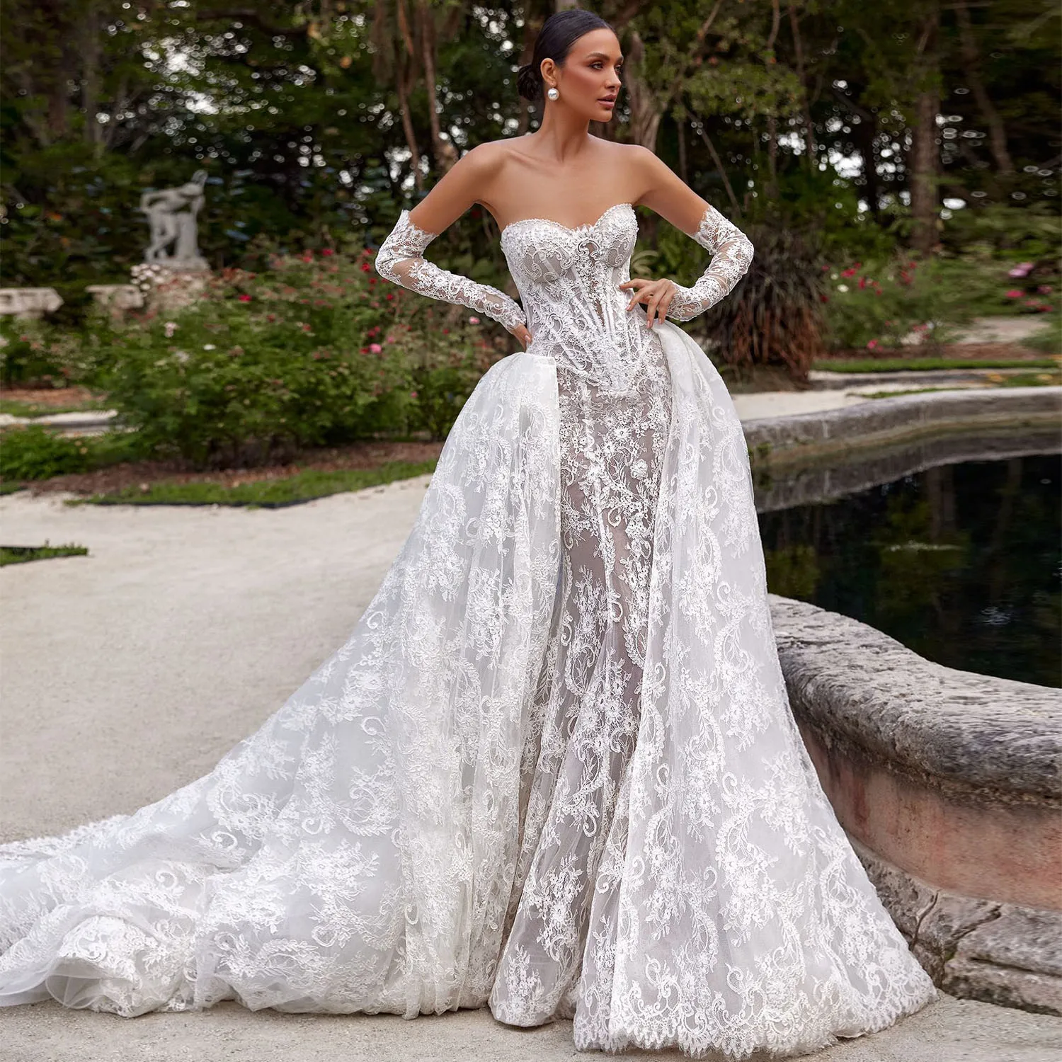 Pearls Sweetheart Neck Detachable Long Sleeve 2 Pieces High Quality Lace Mermaid Wedding Dress Elegant Vestido De Noiva Sereia