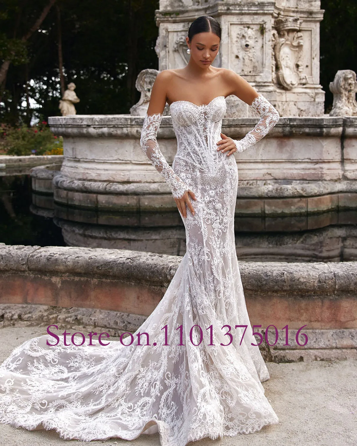 Pearls Sweetheart Neck Detachable Long Sleeve 2 Pieces High Quality Lace Mermaid Wedding Dress Elegant Vestido De Noiva Sereia