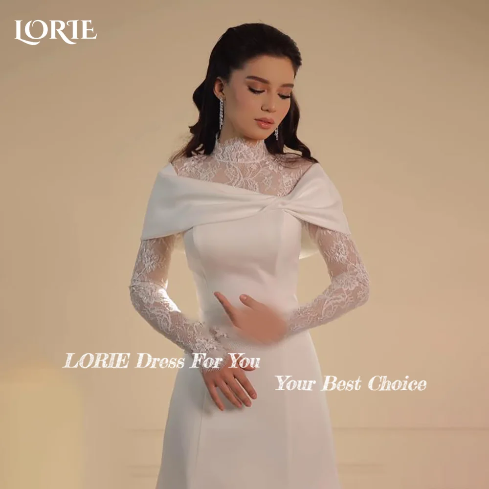 LORIE High Collar Lace Mermaid Wedding Dresses Muslim A-Line Appliques Long Sleeve Bridal Gown Princess Bride Dress Customized