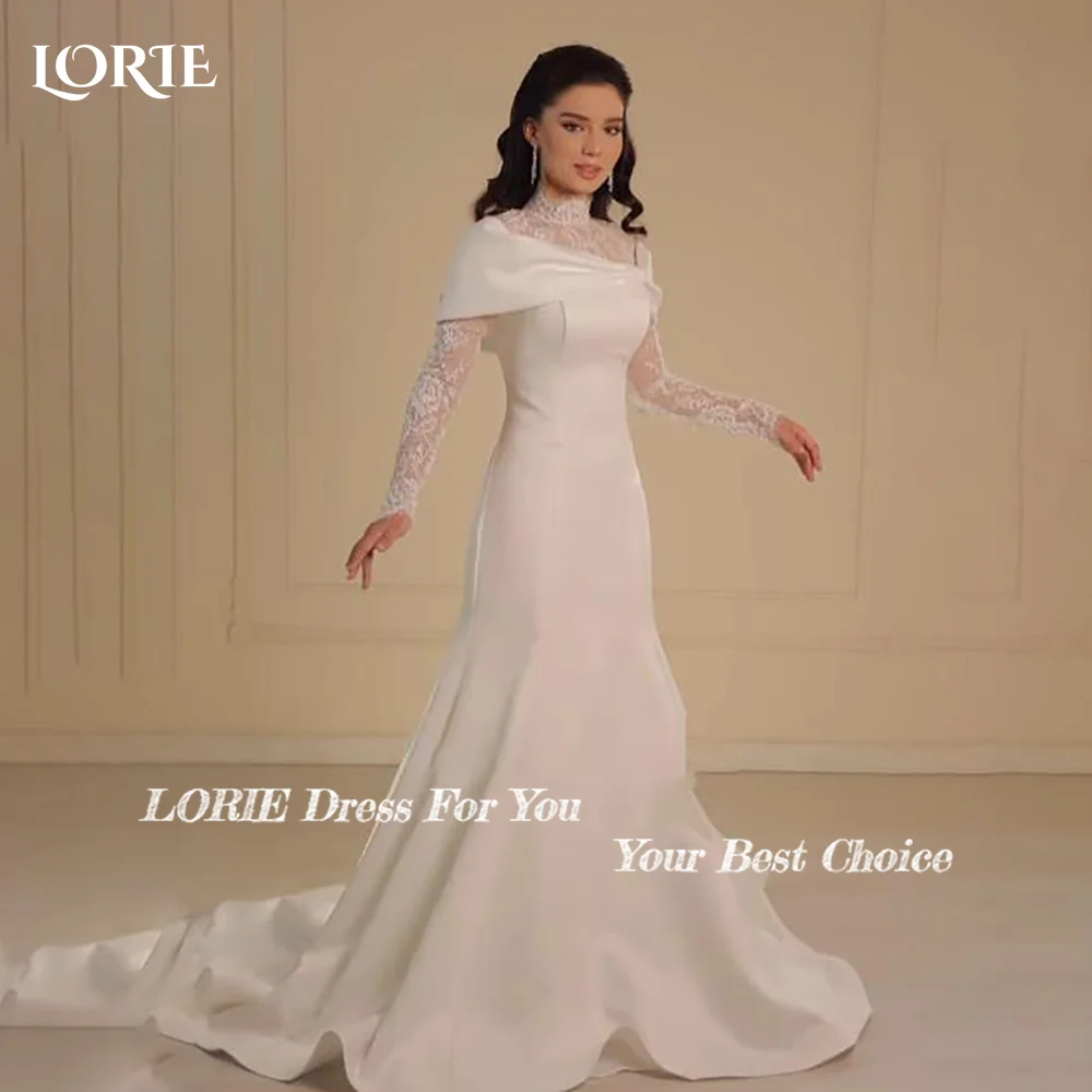 LORIE High Collar Lace Mermaid Wedding Dresses Muslim A-Line Appliques Long Sleeve Bridal Gown Princess Bride Dress Customized