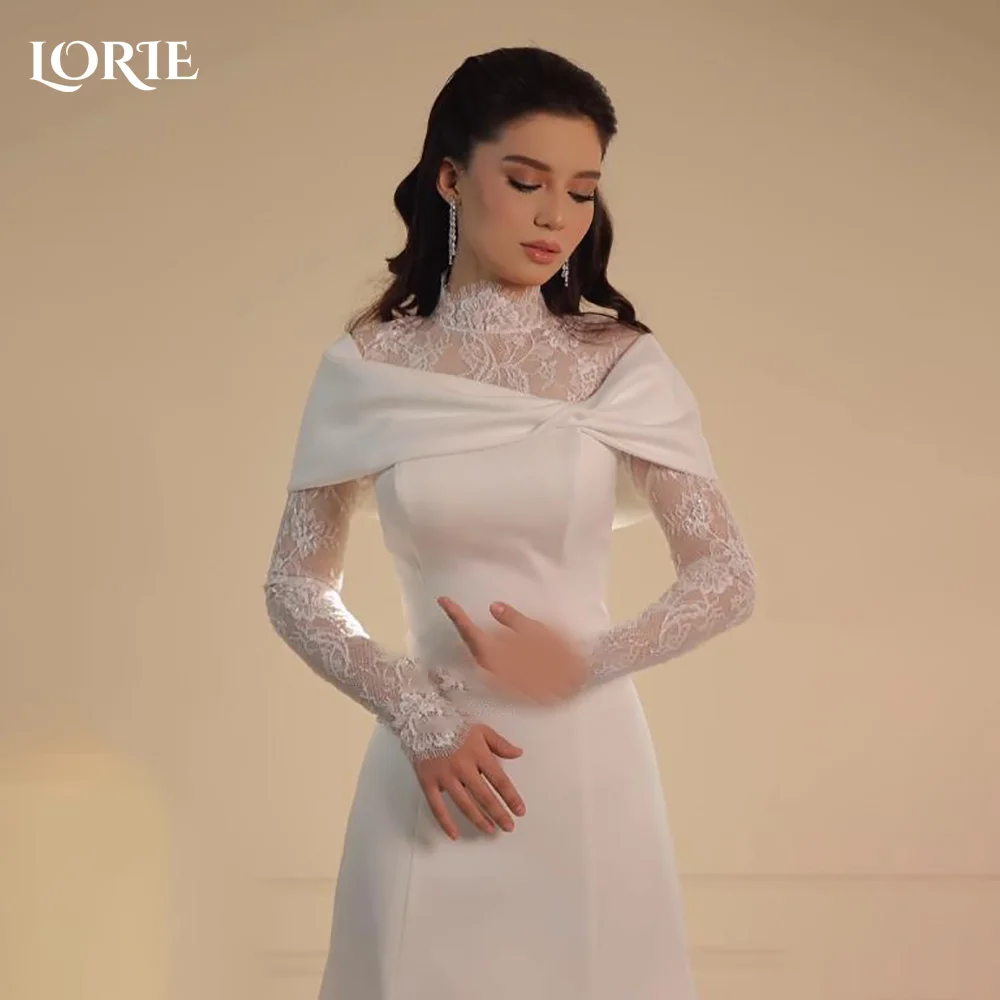 LORIE High Collar Lace Mermaid Wedding Dresses Muslim A-Line Appliques Long Sleeve Bridal Gown Princess Bride Dress Customized