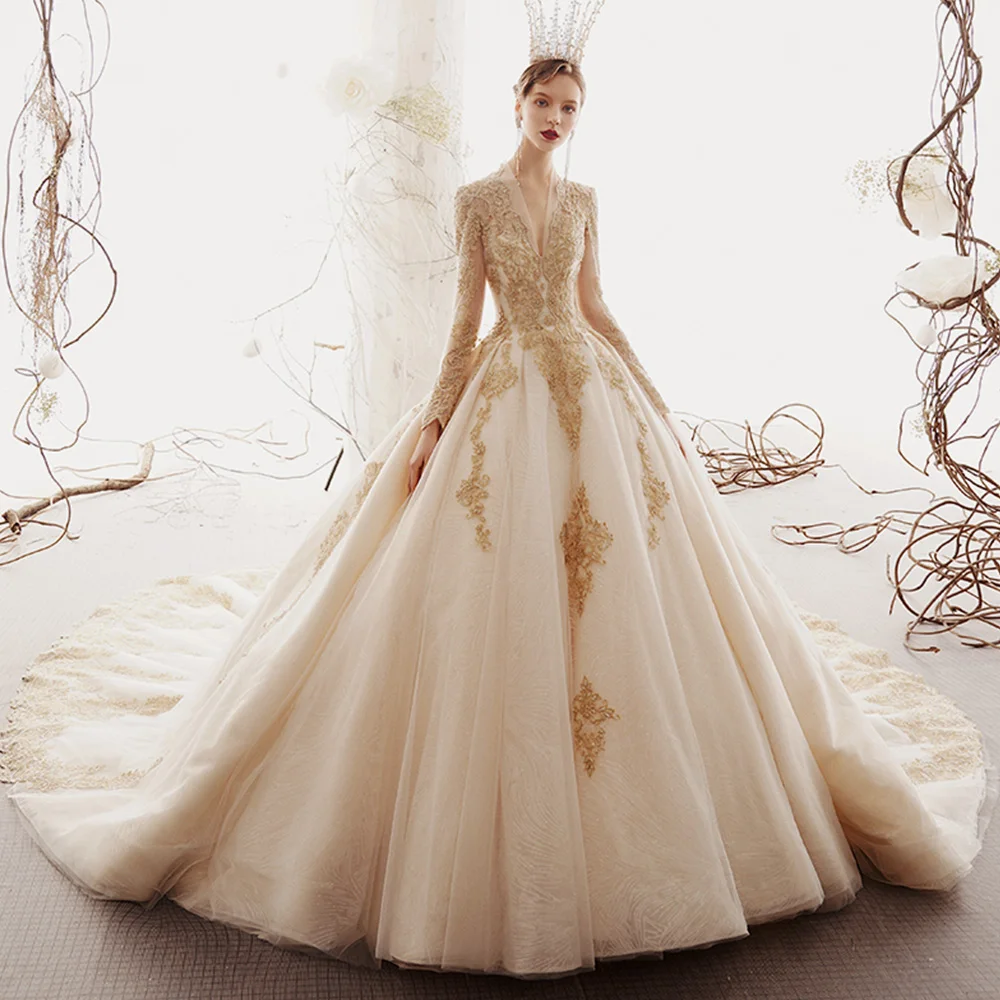 Long Sleeve Beading Appliques Lace Gorgeous Ball Gown Wedding Dress Real Photos Vestido De Noiva Princesa