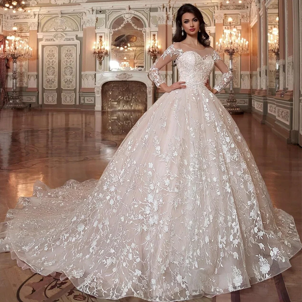 Long Sleeve Beading Appliques Lace Gorgeous Ball Gown Wedding Dress Real Photos Vestido De Noiva Princesa