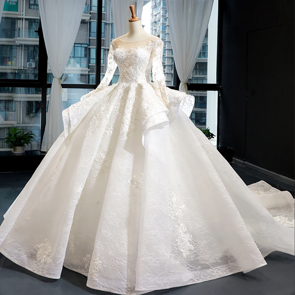 Long Sleeve Beading Appliques Lace Gorgeous Ball Gown Wedding Dress Real Photos Vestido De Noiva Princesa