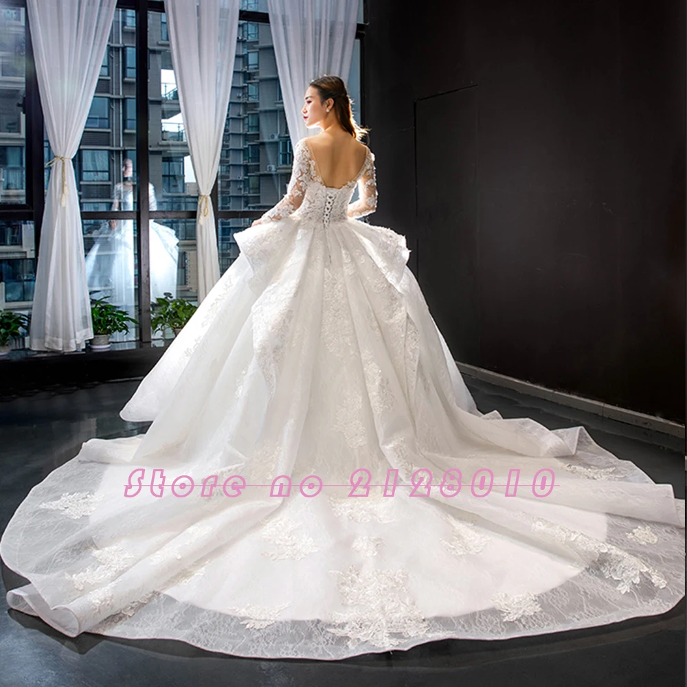 Long Sleeve Beading Appliques Lace Gorgeous Ball Gown Wedding Dress Real Photos Vestido De Noiva Princesa
