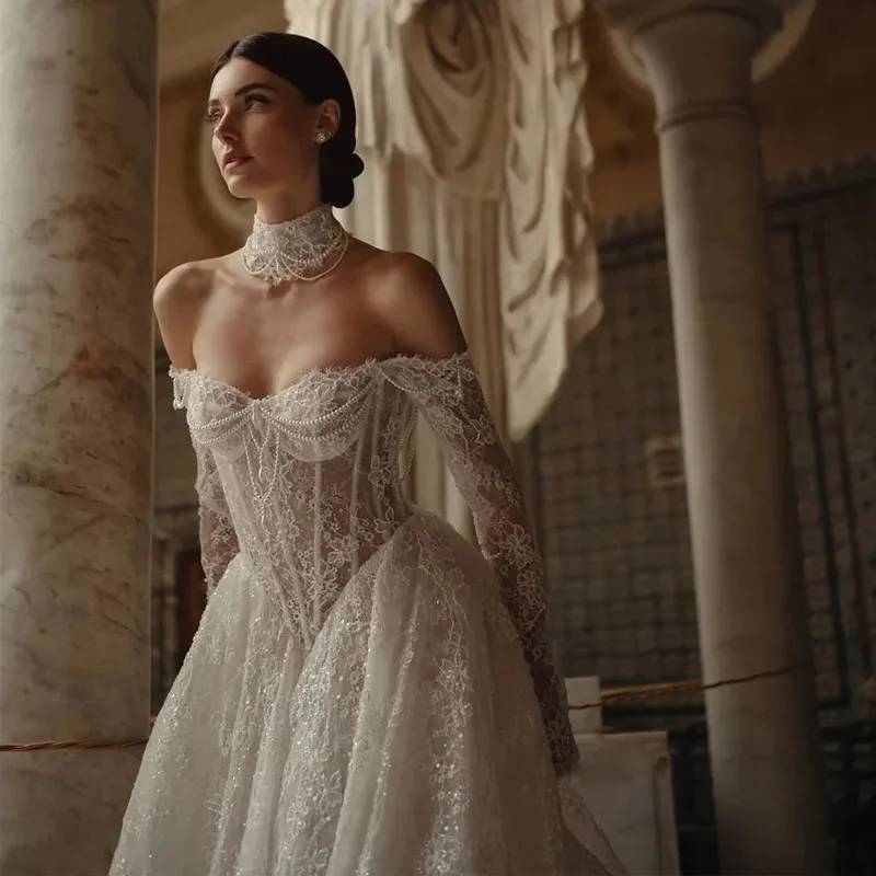 Customized Graceful Lace A Line Wedding Dress Sweetheart Bride Gown Elegant Full Sleeve Bridal Dress Customized Vestido