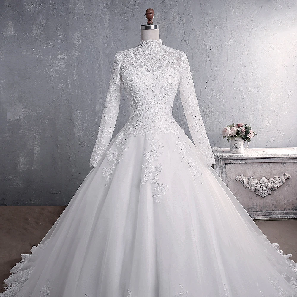 Customized Ball Gown Women Wedding Dresses High Neck Long Sleeves Appliques Bridal Gowns Formal Vestido De Noiva robe de mariée