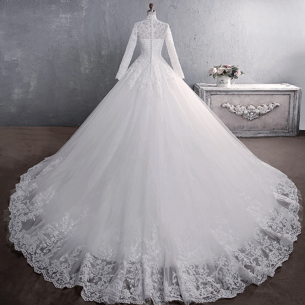 Customized Ball Gown Women Wedding Dresses High Neck Long Sleeves Appliques Bridal Gowns Formal Vestido De Noiva robe de mariée