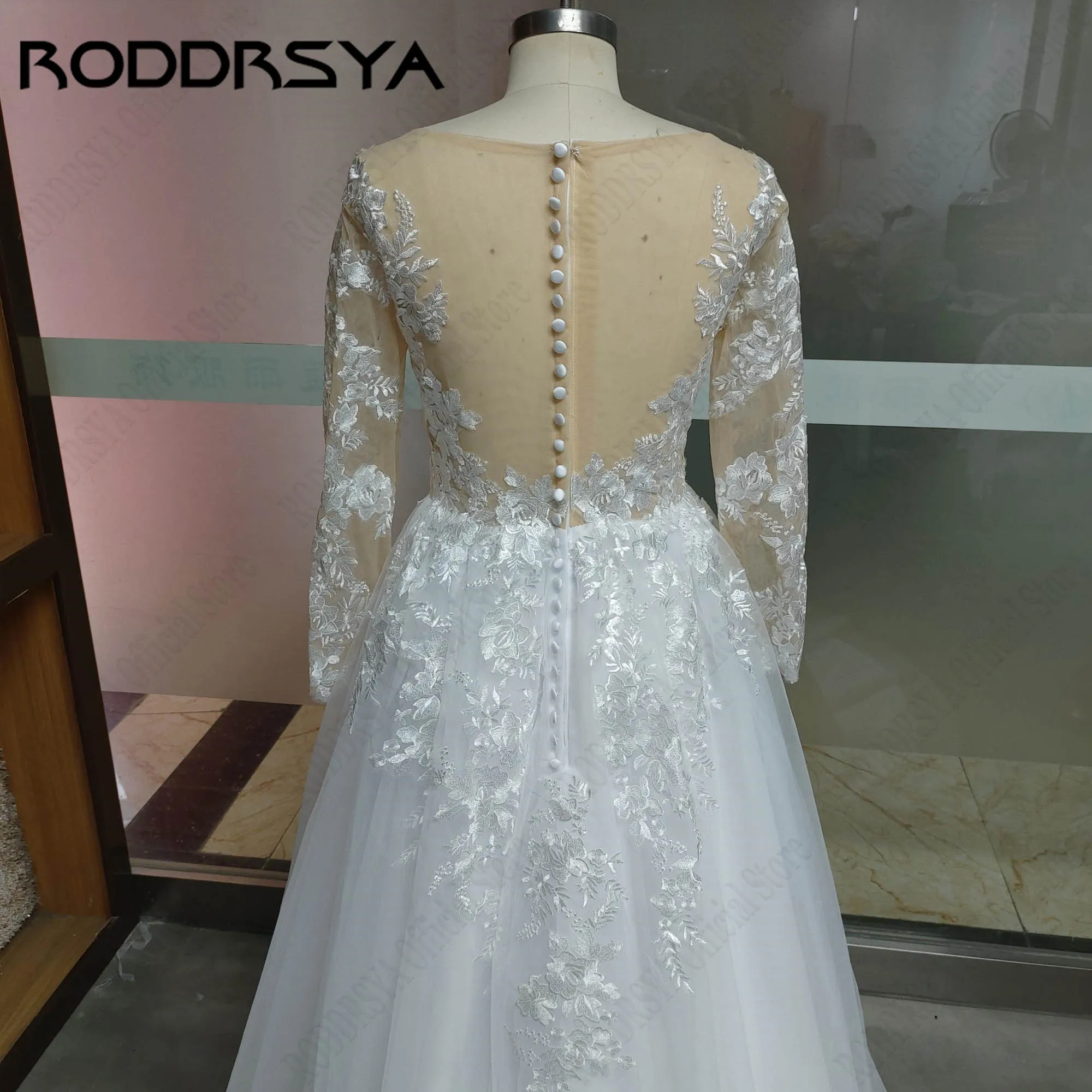 RODDRSYA Customized Wedding Dress Women Long Sleeves Illusion Back Scoop Bride Gown Applique A-Line Tulle Boho vestidos de novia