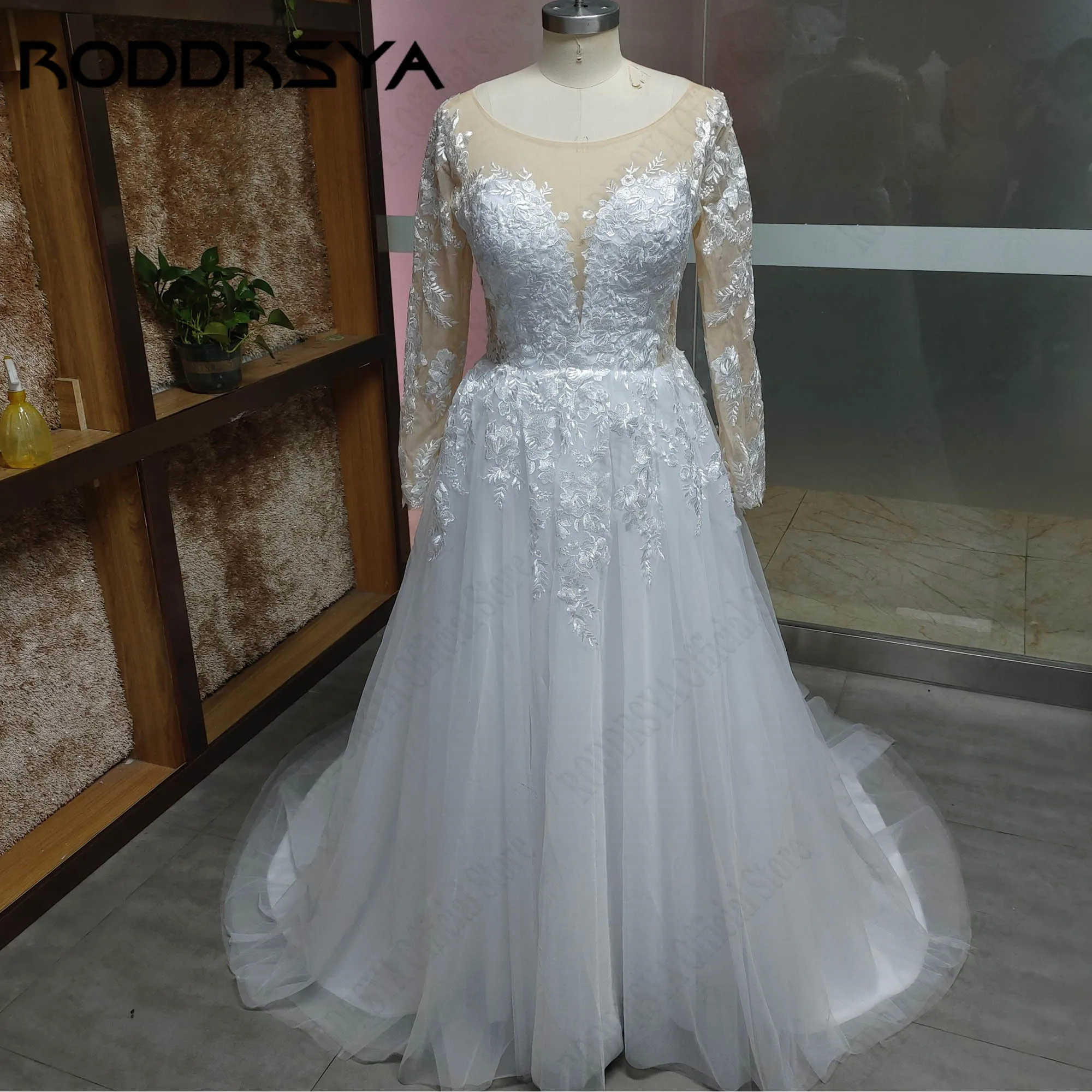 RODDRSYA Customized Wedding Dress Women Long Sleeves Illusion Back Scoop Bride Gown Applique A-Line Tulle Boho vestidos de novia