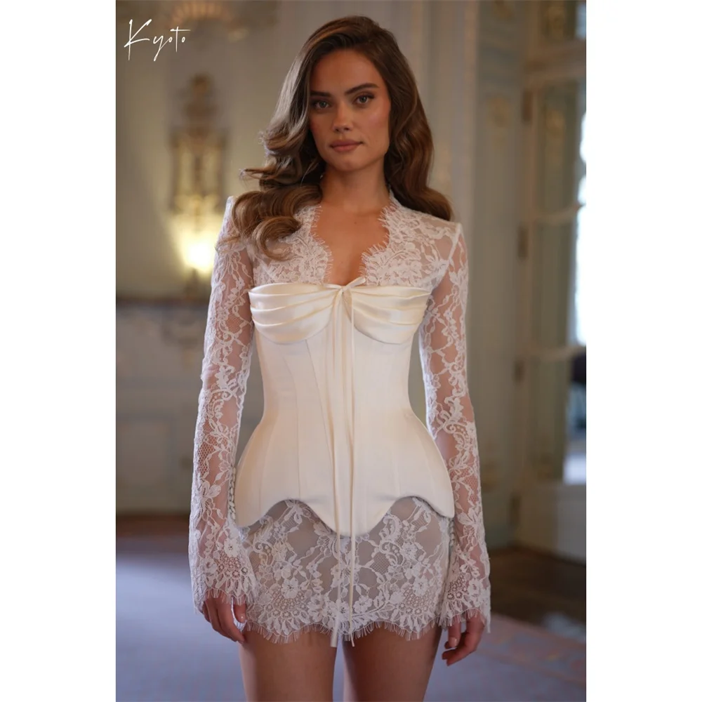 Kyoto Customized White Lace Long Sleeves Wedding Dress Bow Elegant Collar vestidos de noche Lace-Up Back Mini After Party Gown