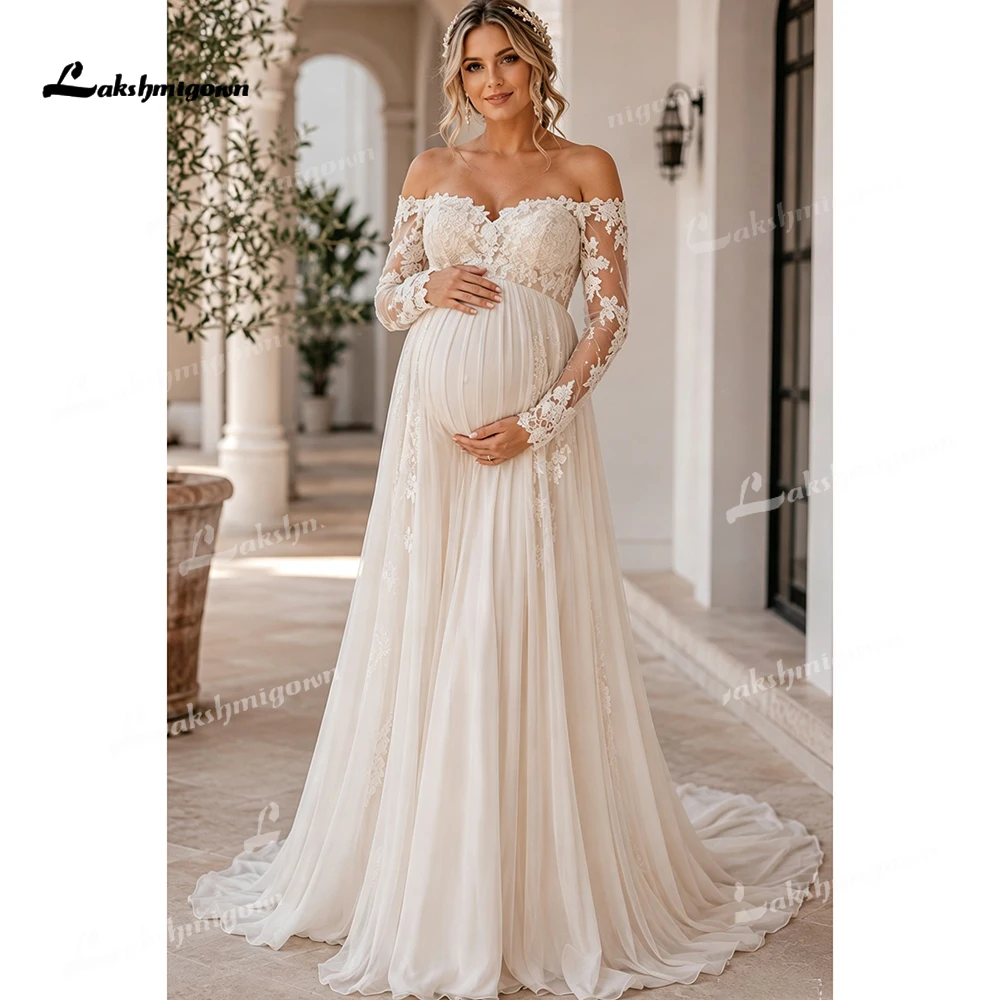 Romantic Soft Chiffon Maternity Wedding Dress Off Shoulder Sheer Lace Sleeve Pregnant Bridal Gown A Line Wedding Gown Customized