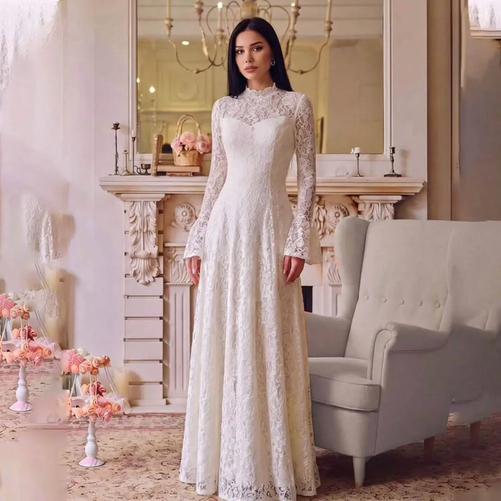 Vintage Long Bare Sleeves High Neck Lace Bridal Grown Wedding Dresses Custom Made 2026 Vestido De Noival