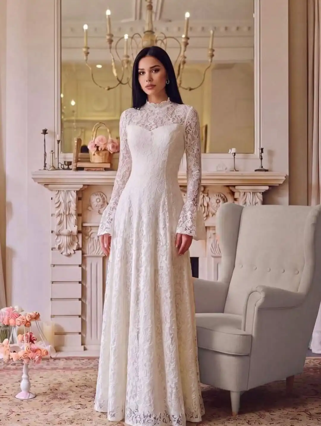 Vintage Long Bare Sleeves High Neck Lace Bridal Grown Wedding Dresses Custom Made 2026 Vestido De Noival
