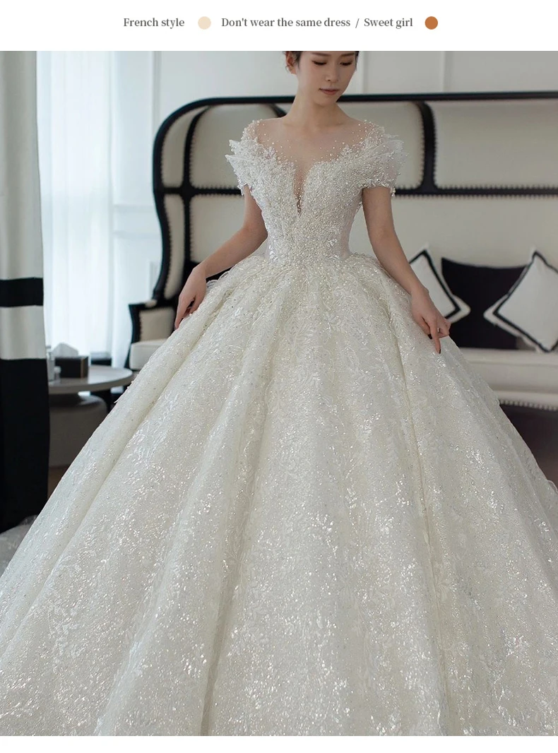 Exquisite Off Shoulder Luruxy Wedding Dress 2026 New Bride Small Main Yarn Super Heavy Industry Beading Pearls Tail Princess