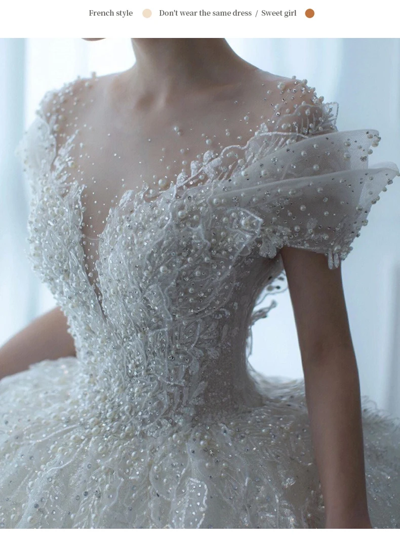 Exquisite Off Shoulder Luruxy Wedding Dress 2026 New Bride Small Main Yarn Super Heavy Industry Beading Pearls Tail Princess