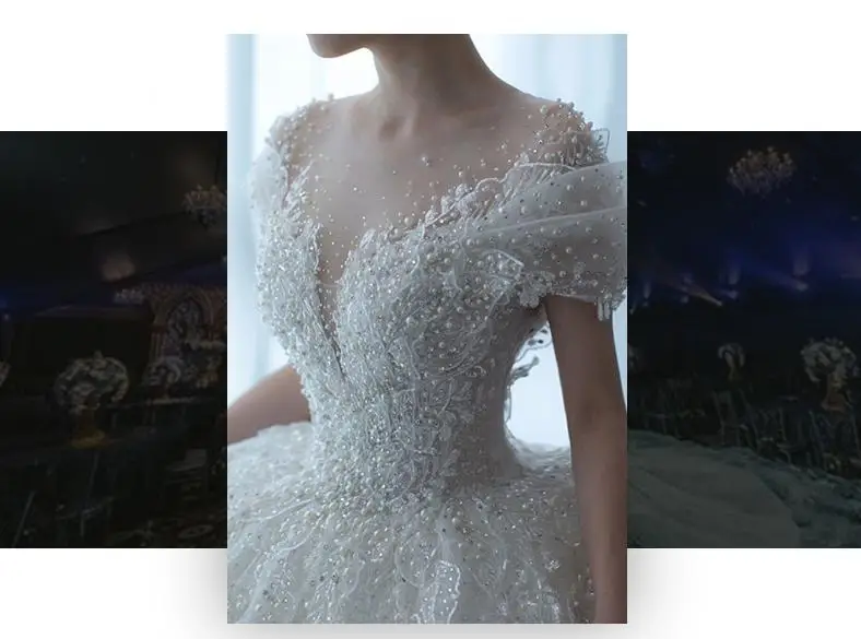 Exquisite Off Shoulder Luruxy Wedding Dress 2026 New Bride Small Main Yarn Super Heavy Industry Beading Pearls Tail Princess