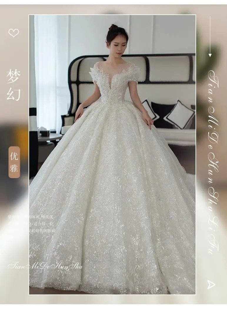 Exquisite Off Shoulder Luruxy Wedding Dress 2026 New Bride Small Main Yarn Super Heavy Industry Beading Pearls Tail Princess