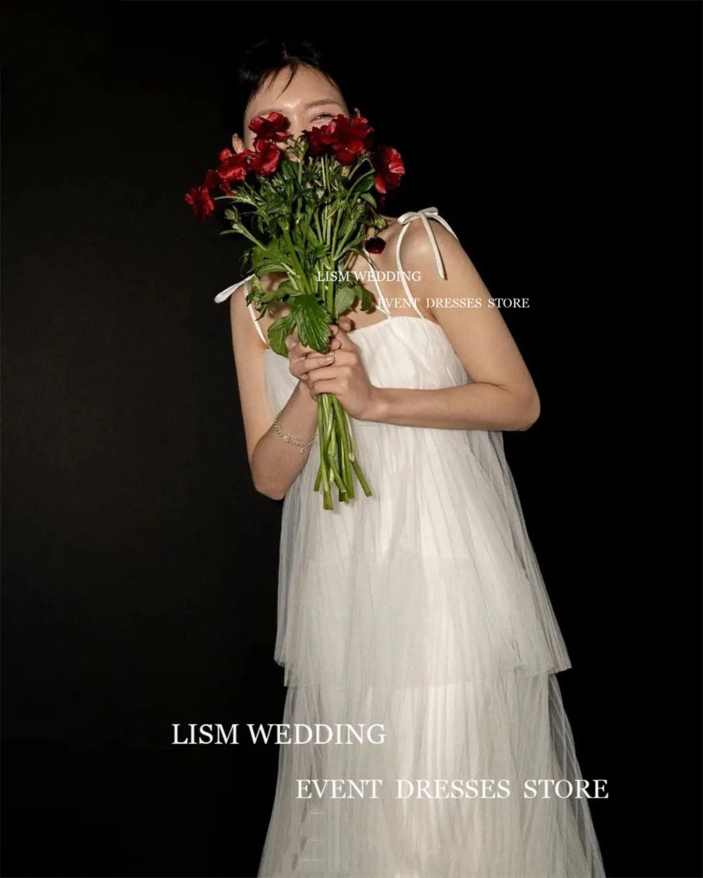 LISM Simple Tulle Tiered Ruffles Korea Wedding Dress Spaghetti Strap A-Line Formal Dress Vestidos De Novia Customised Bride Gown