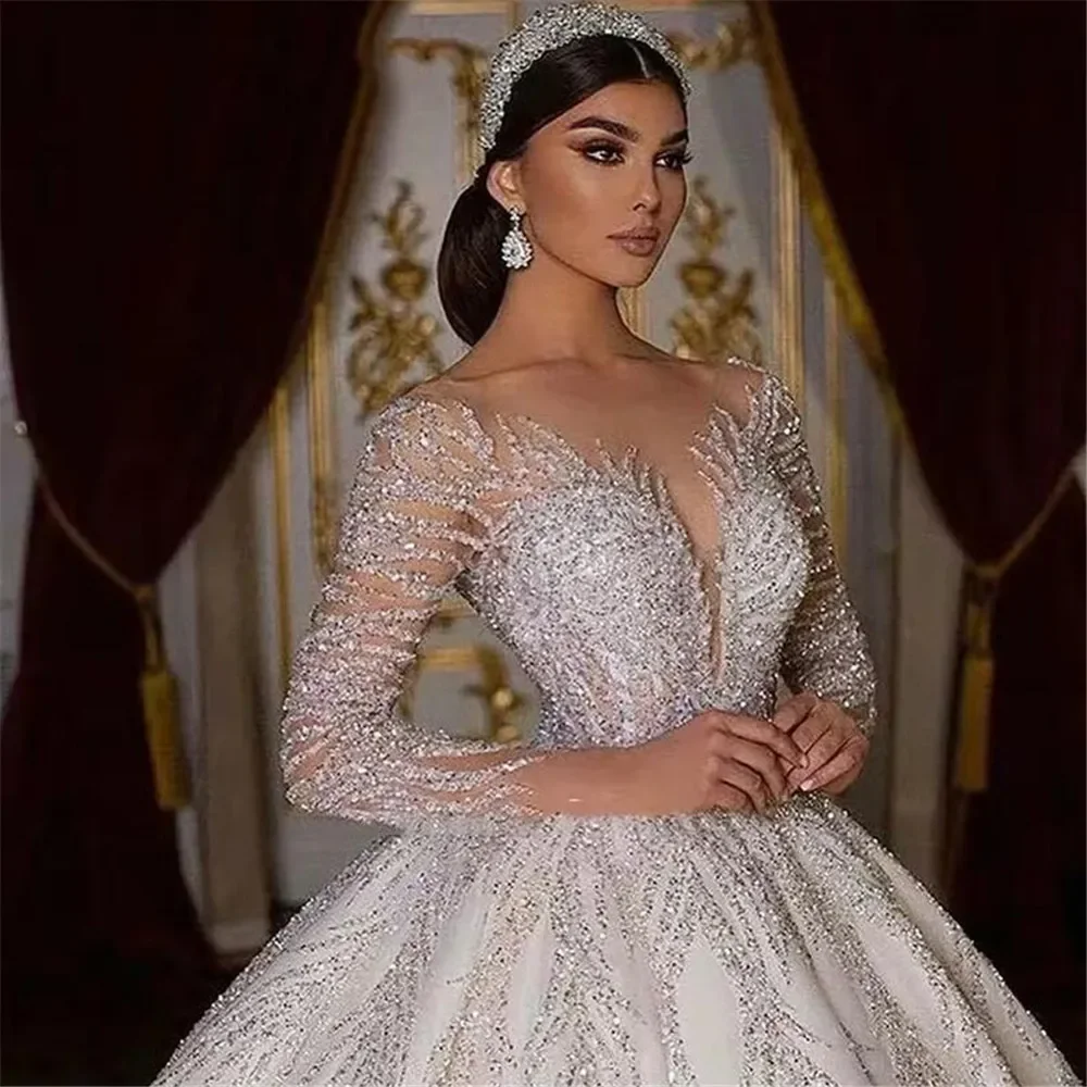 Customized Luxury Princess Wedding Dresses Crystals Beaded Bridal Dress Illusion Tulle Long Sleeves Sparkly Vestido De Noiva