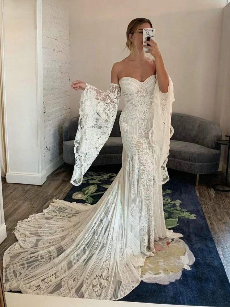 Strapless Sexy Mermaid White Wedding Dress Off The Shoulder Lace Appliques Lace up Back Bridal Gowns For Women Vestido De Novia