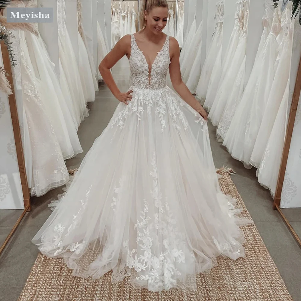 ZJ9416 2025 Bride Backless V-neck Sleeveless A-line Appliques Charming A-line Stylish Wedding Dress For Woman