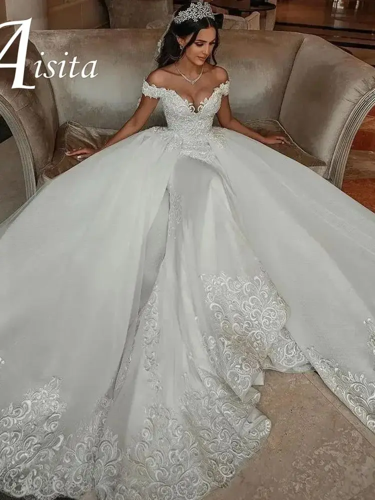Vintage Mermaid Tulle Wedding Dresses Sweetheart Off The Shoulder Lace Appliqued Bridal Gowns Over skirt Vestido de novia