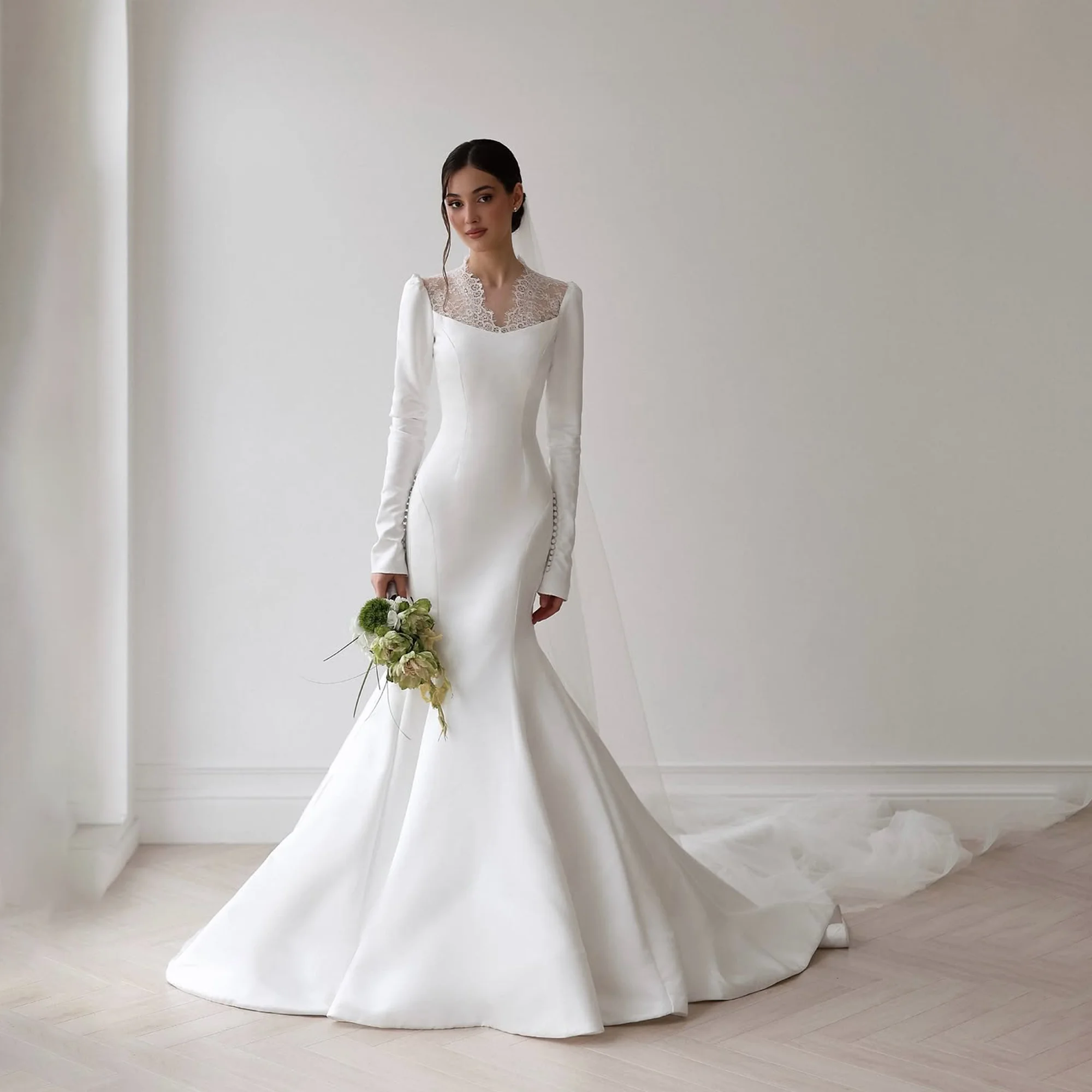 Elegant V-Neck Satin Wedding Dresses Bridal Long Sleeve Sweep Train Zipper Back Mermaid Bridal Gown свадебное платье Customized