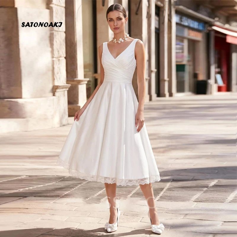Customized Elegant Ivory V-Neck Satin Lace Short Wedding Dress for Women Tea Length Lace-up Pleat Bride Gown Vestidos De Novia