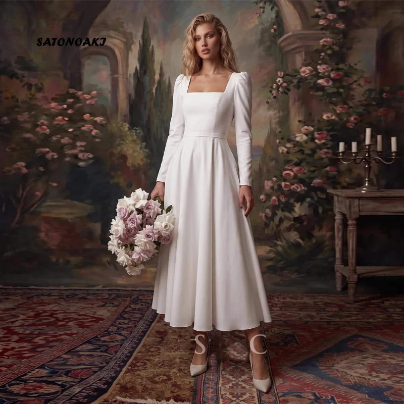 Customized Elegant Boho Square Neck Short Wedding Dress for Bride Puff Sleeves A-line Tea Length Bride Gown Vestidos De Novia