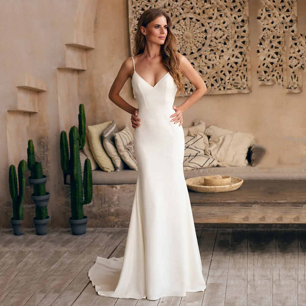 Customized Simple Bride Wedding Gown Church 2026 Spaghetti Strap Mermaid Bridal Gown Deep V Neck Backless Civil Wedding Dresses