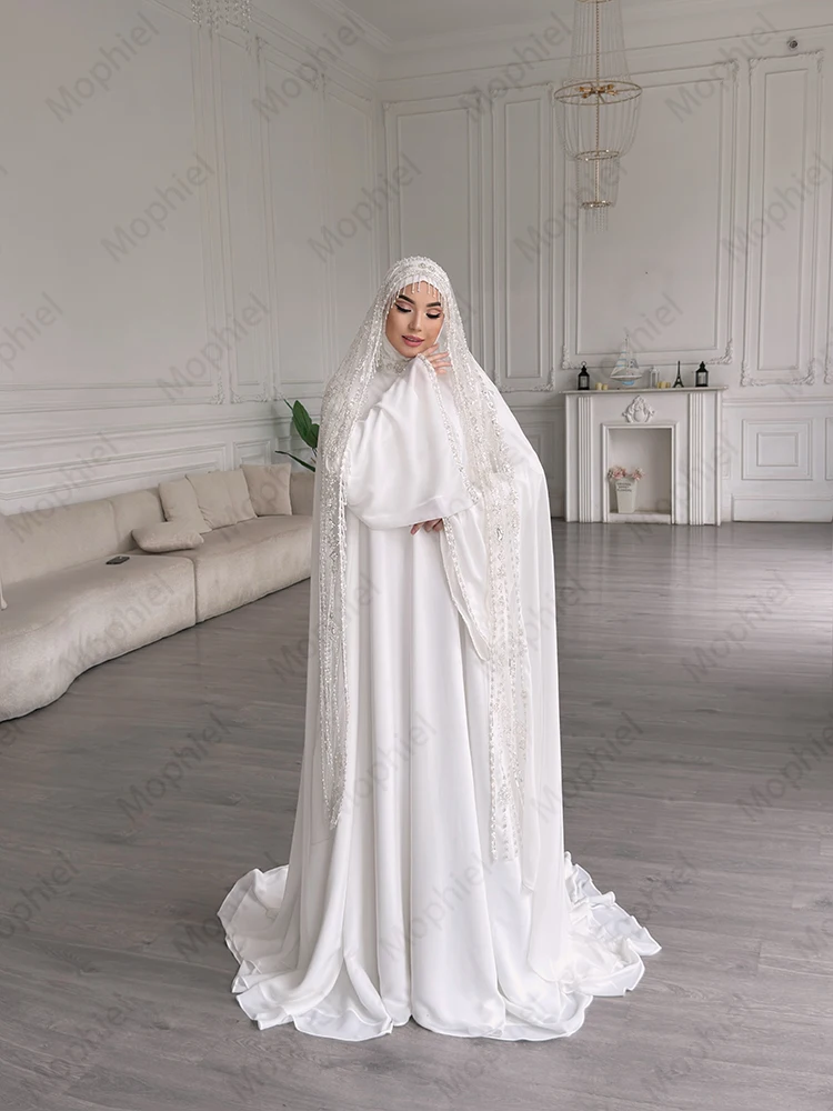 Muslim Weddings Dresses Hijab High Neck Long Flare Sleeve Chiffon Bride Dress Appliques Beaded A Line Bridal Gown Customized