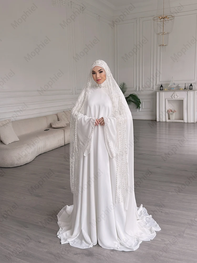 Muslim Weddings Dresses Hijab High Neck Long Flare Sleeve Chiffon Bride Dress Appliques Beaded A Line Bridal Gown Customized