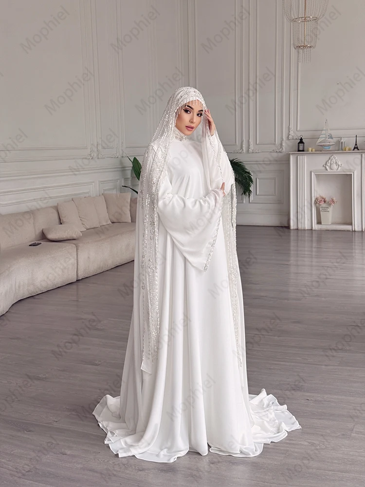 Muslim Weddings Dresses Hijab High Neck Long Flare Sleeve Chiffon Bride Dress Appliques Beaded A Line Bridal Gown Customized