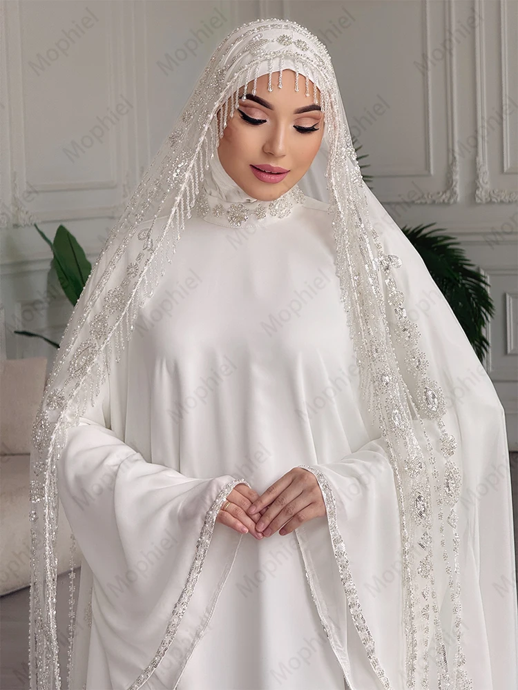 Muslim Weddings Dresses Hijab High Neck Long Flare Sleeve Chiffon Bride Dress Appliques Beaded A Line Bridal Gown Customized