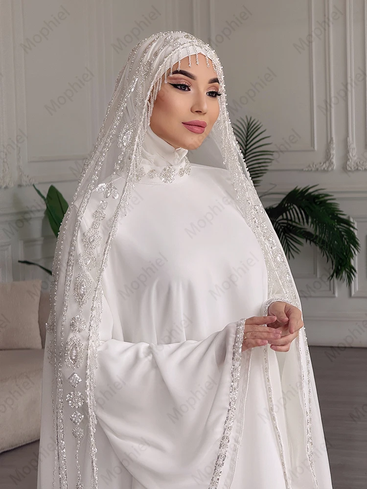 Muslim Weddings Dresses Hijab High Neck Long Flare Sleeve Chiffon Bride Dress Appliques Beaded A Line Bridal Gown Customized