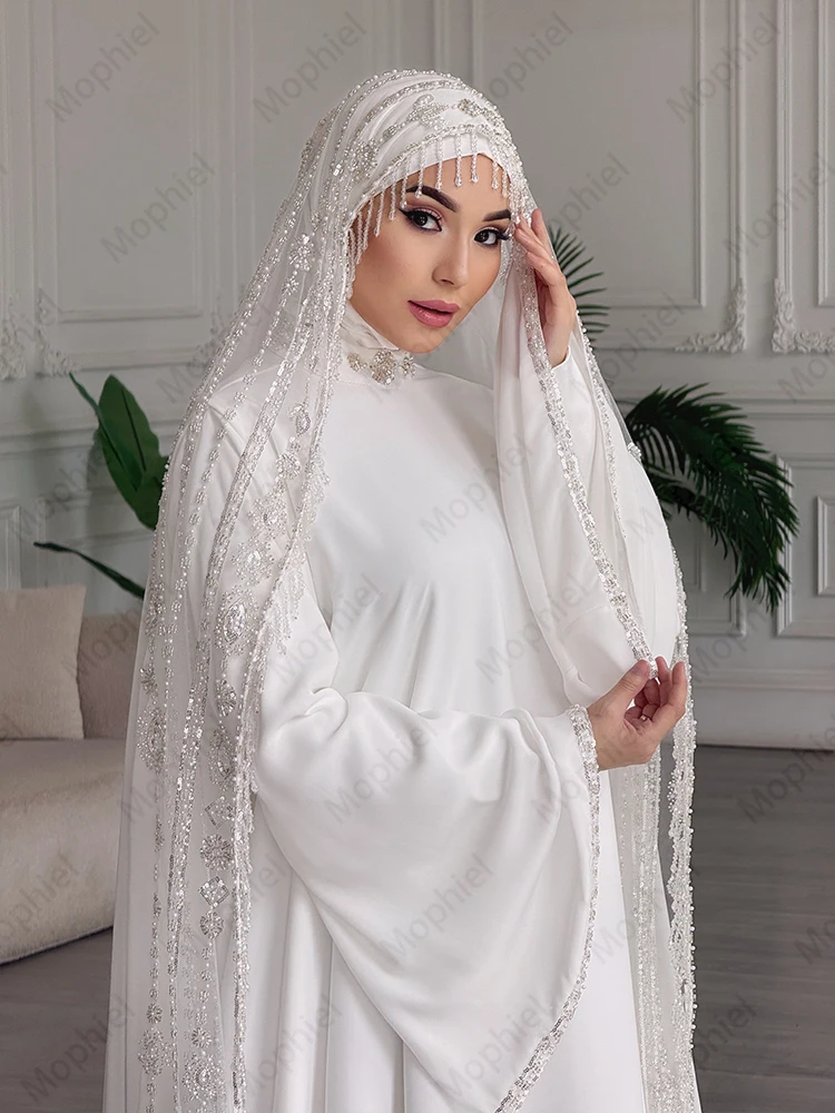 Muslim Weddings Dresses Hijab High Neck Long Flare Sleeve Chiffon Bride Dress Appliques Beaded A Line Bridal Gown Customized