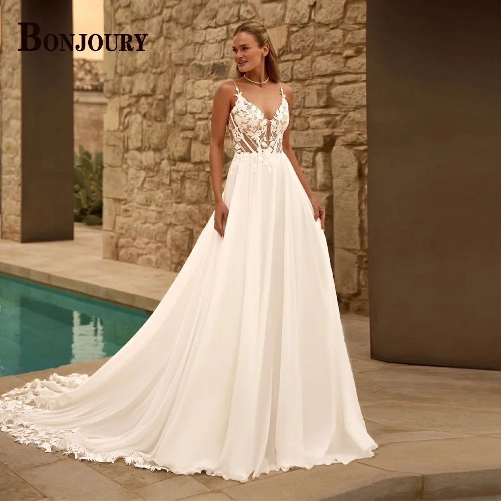 BONJOURY Classic Wedding Dresses for Mariages Spaghetti Straps A-line Backless Appliques Chiffon Vestido De Novia Customized