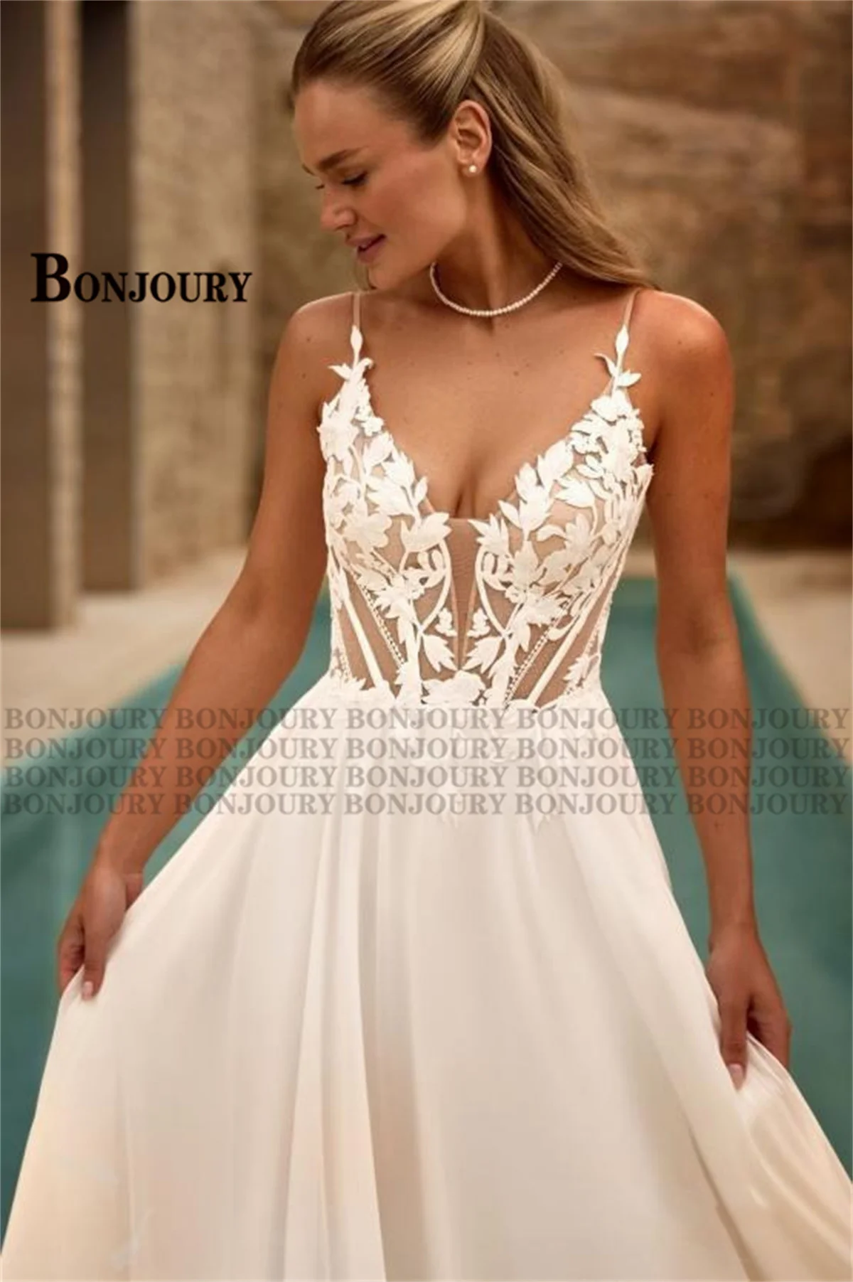 BONJOURY Classic Wedding Dresses for Mariages Spaghetti Straps A-line Backless Appliques Chiffon Vestido De Novia Customized
