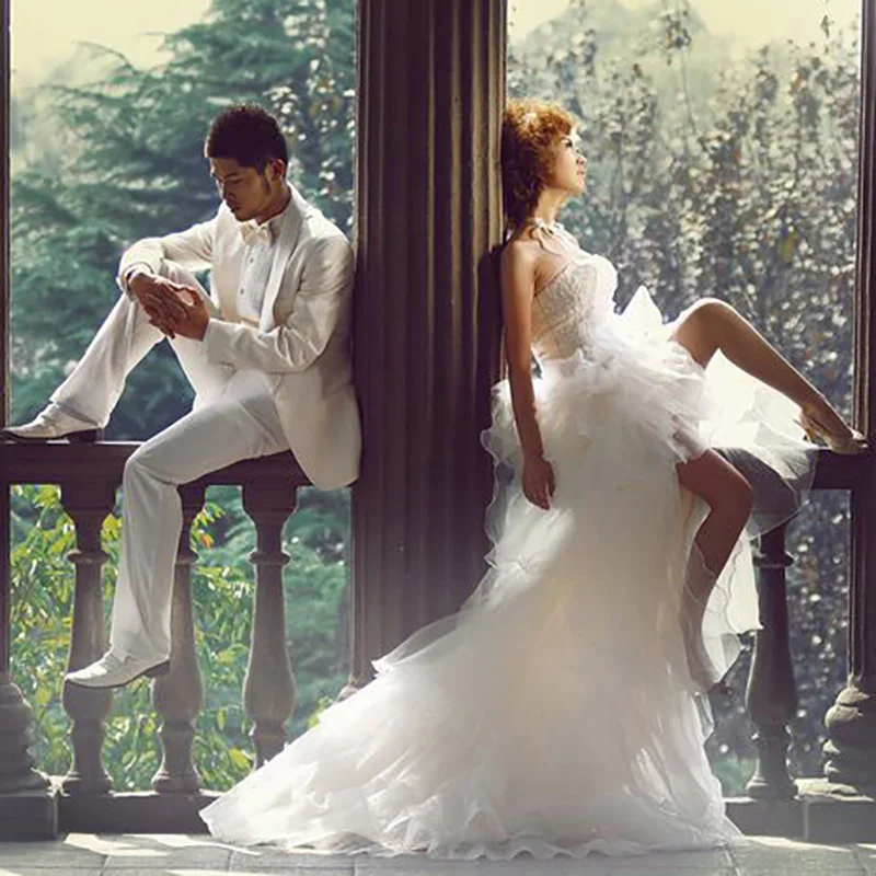 JIERUIZE White Organza Hi Low Wedding Dresses Lace Appliques Lace Up Back Front Short Long Back Wedding Gowns Customized