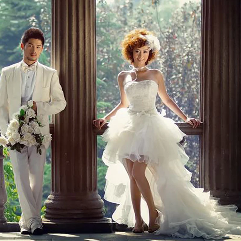 JIERUIZE White Organza Hi Low Wedding Dresses Lace Appliques Lace Up Back Front Short Long Back Wedding Gowns Customized