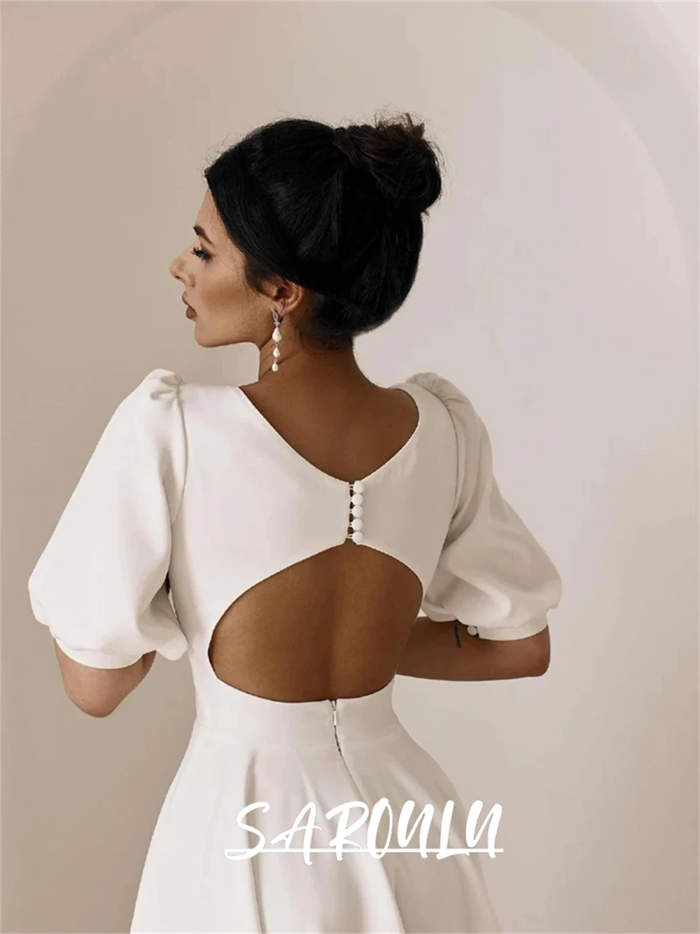 Midi Elope Wedding Dress, Tea Length Reception Dresses, Engagement Dress With Half Sleeves Open Back Bridal Gown