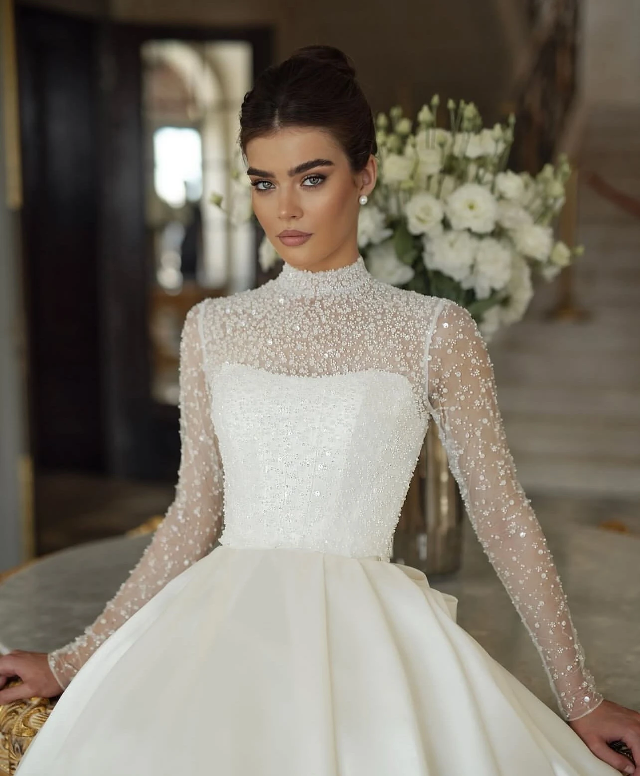 Customized A-line Dress, High-neck Wedding Dress, Elegant Bow Puffy Dress, Wedding Dress Vestido De Novia