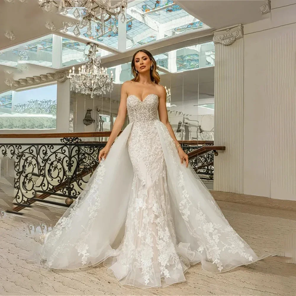 Customized Luxury Mermaid Wedding Dress Strapless Sleeveless Beading Backless Bridal Gown Detachable Trailing Marriage Dress
