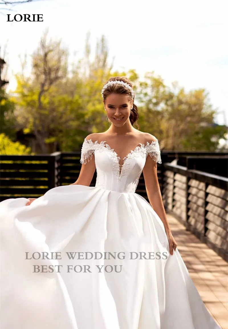 LORIE Princess Wedding Dress A Line Beaded Lace Appliques Bride Dresses Illusion Back Party Dress Long Train Wedding Gowns