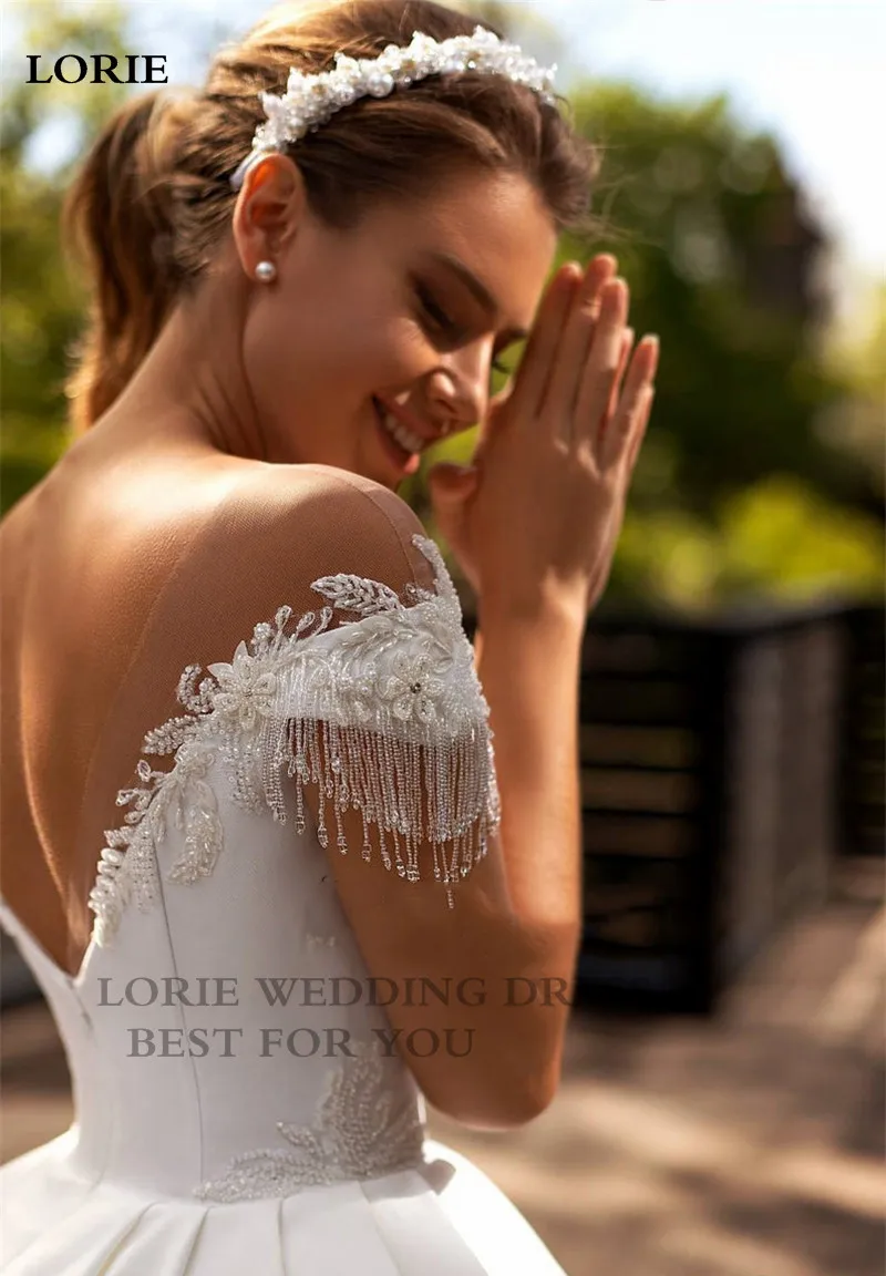 LORIE Princess Wedding Dress A Line Beaded Lace Appliques Bride Dresses Illusion Back Party Dress Long Train Wedding Gowns