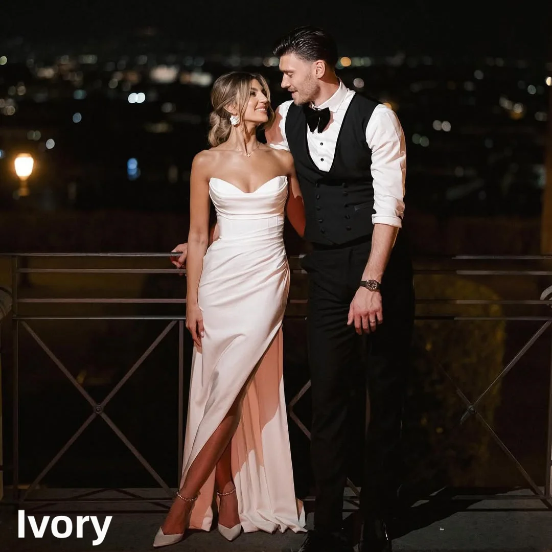 Strapless Sweetheart Satin Mermaid Wedding Dress Ruched High Slit White Bridal Gown Reception Custom Sizes Vestido De Novia