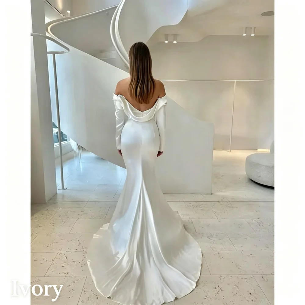 Customized Simple Satin Mermaid Long Wedding Dress Sexy Off Shoulder Formal Pleat Boat Neck Vintage BacklessZipper Bridal Growns